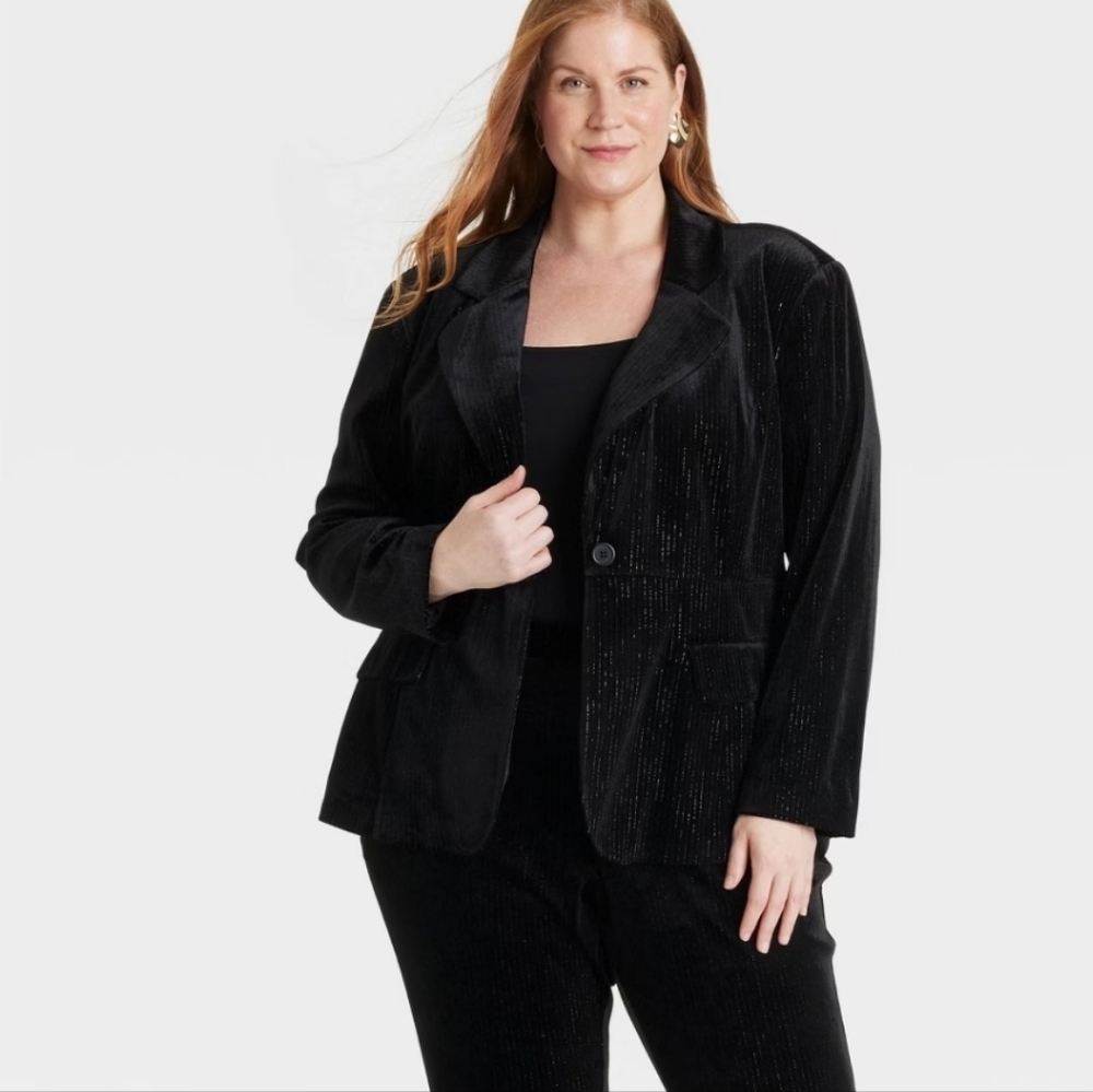 Women's Velvet Blazer - Ava & Viv Metallic Black Pinstripe 3X